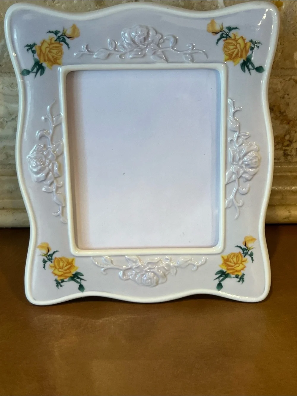 Avon 2007 Ceramic White Picture Frame with Yellow Rose Motif